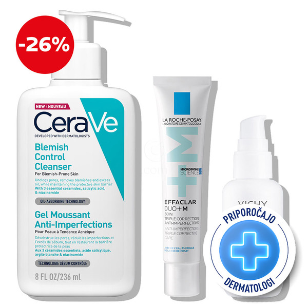 CeraVe, LRP in Vichy, protokol proti nepravilnostim, ki ga priporočajo dermatologi (236 ml + 40 ml + 40 ml)