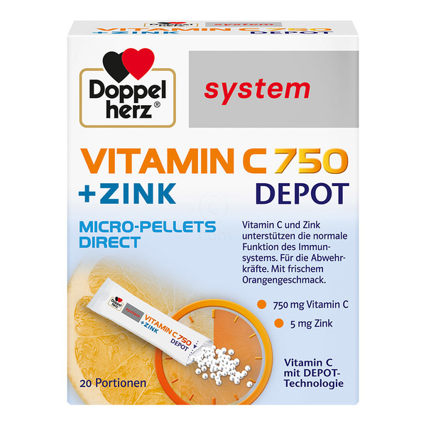 Doppelherz System Vitamin C 750 + Cink Depot Direkt, zrnca v vrečkah (20 vrečk)