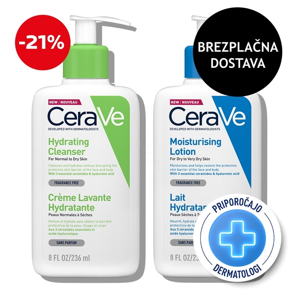 CeraVe, dnevni protokol za suho kožo telesa - vlažilna čistilna emulzija in vlažilni losjon  (2 x 236 ml)