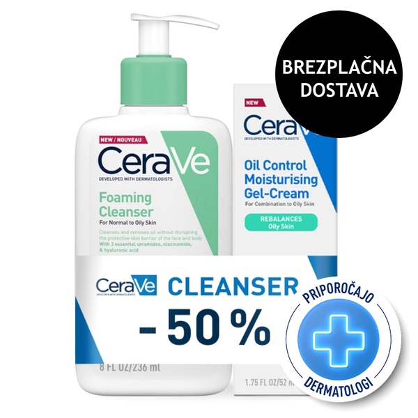 CeraVe, paket - vlažilna gel krema za mastno kožo + peneči čistilni gel za mastno kožo (52 ml + 236 ml)