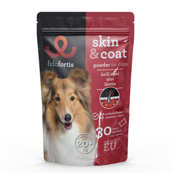 Fidofortis Skin & Coat, dopolnilna krmna mešanica za podporo zdravi koži in dlaki za pse, težke nad 20 kg (120 g)