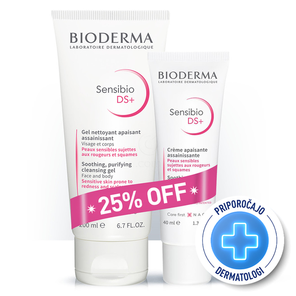 Bioderma Sensibio DS+, paket - peneči čistilni gel in krema za pomiritev kože (200 ml + 40 ml)