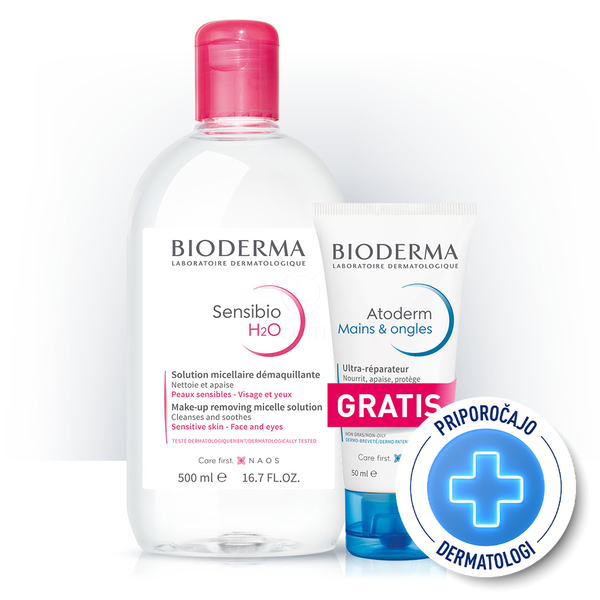 Bioderma Sensibio H2O, paket - micelarni losjon za čiščenje in Atoderm krema za roke (500 ml + 50 ml)