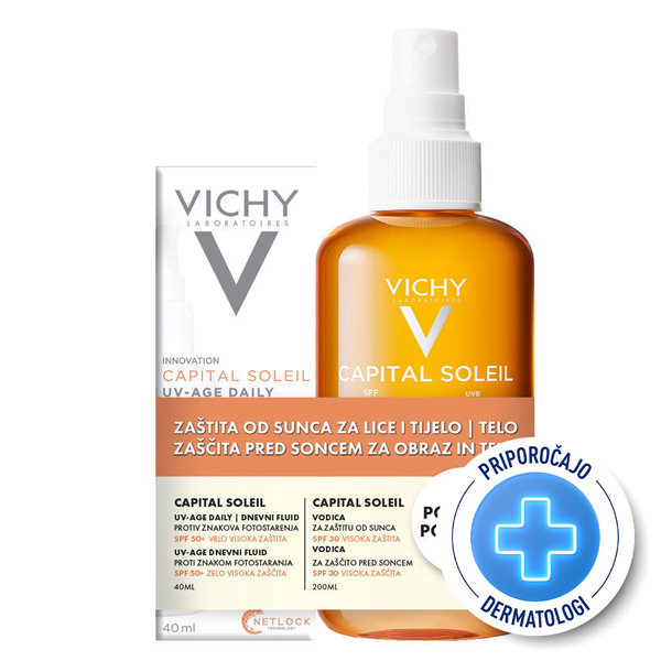 Vichy Capital Soleil, paket - UV-AGE neobarvan fluid za obraz - ZF50+ in tonirana vodica ZF30 (40 ml + 200 ml)