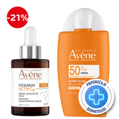 Avene, rutina proti temnim madežem - Activ Cg korektivni serum in Sun Ultra Fluid ZF50 (30 ml + 50 ml)