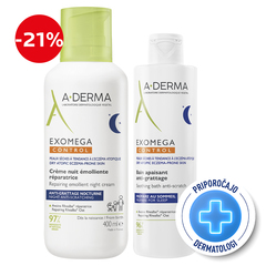 A-Derma Exomega Control, večerna rutina za suho kožo nagnjeno k atopiji in srbenju - nočna krema in pomirjujoča kopel (400 ml + 200 ml)