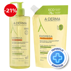 A-Derma Exomega Control, rutina za tuširanje za suho kožo nagnjeno k atopiji - olje + refill (2 x 500 ml)