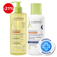 A-Derma Exomega Control, rutina pri negi srbeče kože nagnjene k atopiji - olje za tuširanje in nočna krema (500 ml + 200 ml)