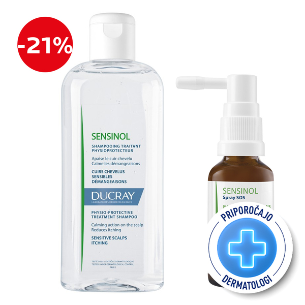 Ducray Sensinol, rutina pri srbečem lasišču - šampon in SOS pršilo (200 ml + 30 ml)