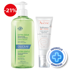 Ducray in Avene, rutina pri občutljivem lasišču - Tolerance Control krema in Extra Doux šampon (40 ml + 400 ml)